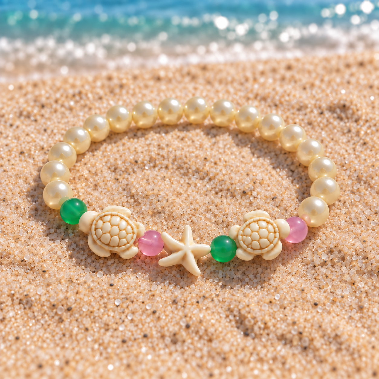 Noa's armbandje met twee schildpadjes, een zeester en groene en roze kralen op het zand